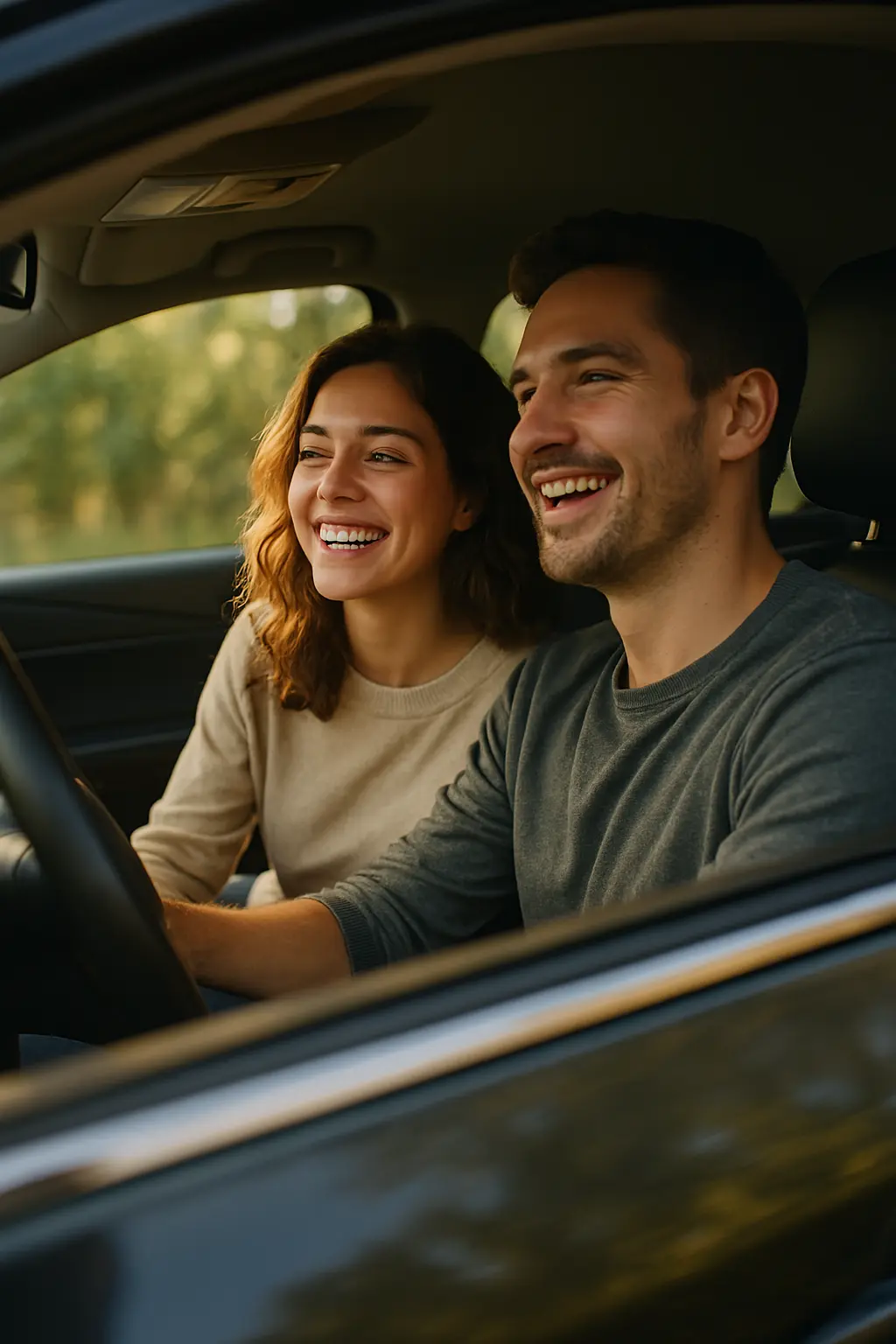 Dos personas dentro de un vehículo sonriendo